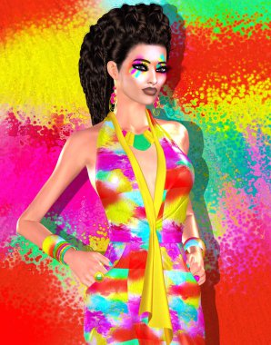 Koyu renkler ile trendy moda giyim ve saç modeli sahne. Seksi bir çiçek üst parlak sarı renkli bir arka plan karşı giyen kadın. Güven, eğlenceli ve dikkat kapma renkleri bizim benzersiz 3d render dijital model sanat moda tasarımı bağırır. 