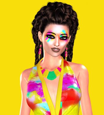 Koyu renkler ile trendy moda giyim ve saç modeli sahne. Seksi bir çiçek üst parlak sarı renkli bir arka plan karşı giyen kadın. Güven, eğlenceli ve dikkat kapma renkleri bizim benzersiz 3d render dijital model sanat moda tasarımı bağırır. 