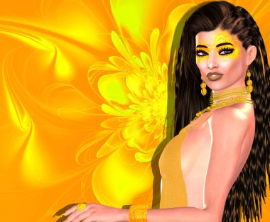 Yeni bir saç modeli, örgü, katlanmış ve dalgalar bir parlak sarı çiçek arka planda ayarlanır. Bu benzersiz 3d render dijital model sanat saç modeli tasarımı güven, eğlenceli ve renk kapma dikkat bağırır. 