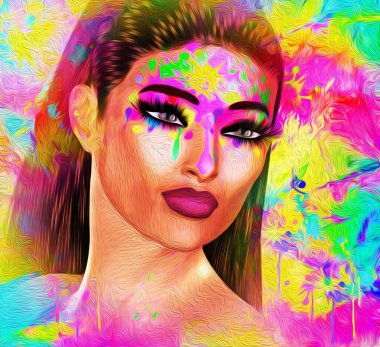Boyalı yüz, yağlı boya etkisi ile sanat. Renklerin bir gökkuşağı araya geldiği bu sanatsal güzellik, moda ve saç sahne oluşturmak için. Bizim benzersiz 3d dijital model sanat sahneler göz alıcı projeniz için güçlü eklemeler işlenir..