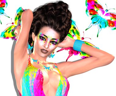 Modern fashion, hairstyle and art scene with water color butterflies background that matches the woman's colorful dress.  Our unique 3d rendered digital model art scenes are eye catching and powerful additions for your project.