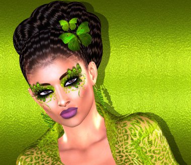 Modern moda, saç ve güzellik sahne kelebekler kadının makyaj ve aksesuarlar ile eşleşen saçlı, yeşil degrade arka plan ile. Bizim benzersiz 3d render dijital modu sanat sahneleri projeniz için göz alıcı ve güçlü eklemeler vardır.