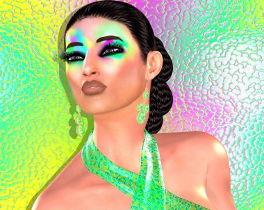 Modern fashion,hairstyle and beauty scene with colorful pastel gradient background that matches the woman's make up and accessories.  Our unique 3d rendered digital model  art scenes are eye catching and powerful additions for your project.