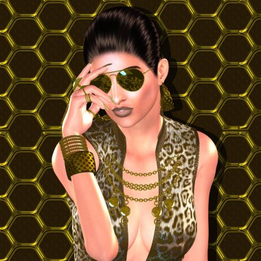 Modern fashion,hairstyle and beauty scene with brown and gold hexagon background that matches the woman's make up sunglasses and accessories.  Our unique 3d rendered digital model art scenes are eye catching and powerful additions for your project.