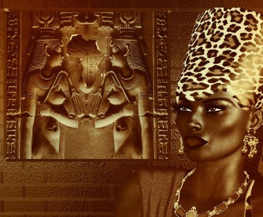Siyah Mısır Tanrıça Kraliçe. Leopar baskı crown, taş ve hiyeroglif arka plan yapmak uyan ve aksesuarları. Bizim orijinal 3d dijital model sanat oluşturma gösterileri gizem, Güzellik, zenginlik ve güç Mısır render.