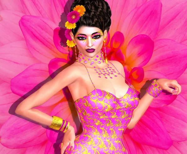 Flamencodanser Sexy Vrouw Kleurrijke Jurk Met Bloemen Bloemblaadjes Swirls Voor — Stockfoto