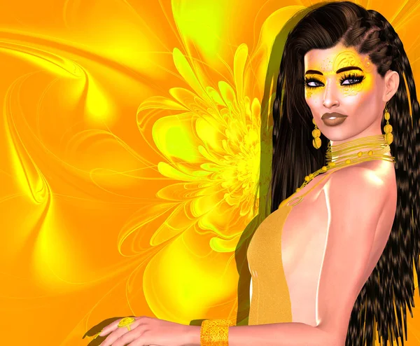 A new hairstyle of braids, twists and waves is set against a bright yellow flower background.  This unique 3d rendered digital model art hairstyle design shouts confidence, fun and attention grabbing colors.