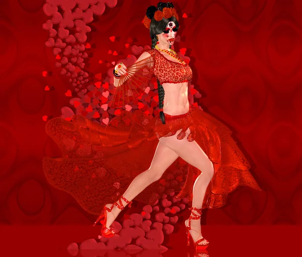 Sexy Flamenco Dancer Red Dress Fan Flowing Hearts Background Flamenco — Stock Photo, Image