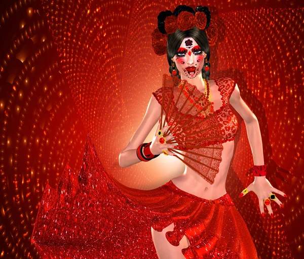 Fan Ile Kırmızı Elbiseli Seksi Flamenko Dansçısı Burada Bizim Benzersiz — Stok fotoğraf