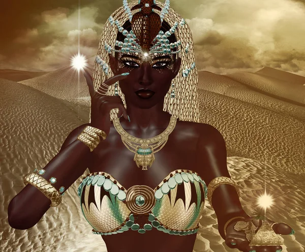 Altın takı ve kostüm çöl kum arka plan karşı Mısır Magic Kadın tanrıça. Bizim orijinal 3d dijital model sanat oluşturma gösterileri gizem, Güzellik, zenginlik ve güç Mısır render. 
