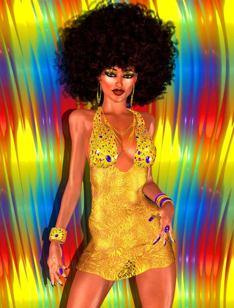 Koyu renkler ile afro saç sahne. Trendy, kıvırcık Afro saç modeli ve seksi etek giyen kadın parlak bir gökkuşağı renkli arka plan karşı teşkil etmektedir. Bizim benzersiz 3d dijital modeli moda tasarım sesler seksi, güven ve eğlenceli hale.