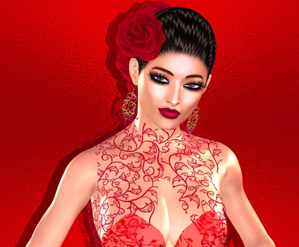 Kırmızılı kadın. Bir kırmızı gül bu güzel Flamenko dansçısı saç süslüyordu. Gizem, baştan çıkarma ve güzellik tüm tam burada bizim benzersiz 3d ile yakalanan dijital model sanat tasarımları render vardır. 