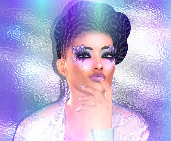 Modern moda, saç ve güzellik sahne kadının makyaj ve aksesuarlar ile eşleşen mor ve mor degrade arka plan ile. Bizim benzersiz 3d render dijital model sanat sahneleri projeniz için göz alıcı ve güçlü eklemeler vardır.