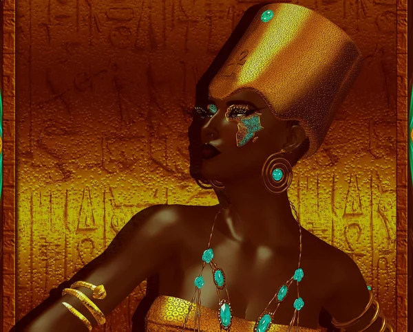 Black Egyptian Goddess Queen African Continent Make Gold Stone Hieroglyphics — Stock Photo, Image