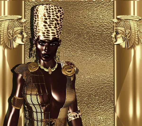 Siyah Mısır Tanrıça Kraliçe. Leopar taç, altın glitter yazdırmak ve ışıltı olun uyan arka plan ve aksesuarları. Bizim orijinal 3d dijital model sanat oluşturma gösterileri gizem, Güzellik, zenginlik ve güç Mısır render.