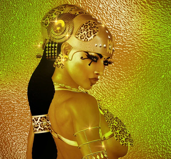 Egyptian Magic Woman Goddess Gold Jewelry Costume Gold Gradient Background — Stock Photo, Image