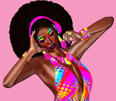 Kulaklık ve bir şık, kıvırcık Afro saç modeli giymiş güzel Afrikalı kadın renkli kurdeleler kıyafeti. Bizim benzersiz 3d dijital modeli işlenen, sanat moda tasarımları, projeniz için dikkatini.