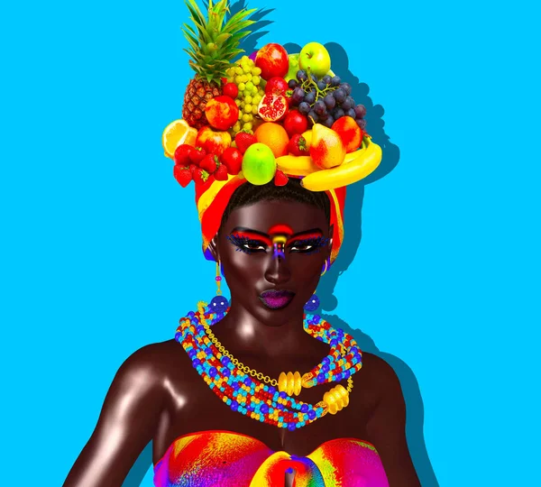 Diverse Vruchten Gedragen Een Moderne Kunst Kapsel Door Een Prachtige — Stockfoto