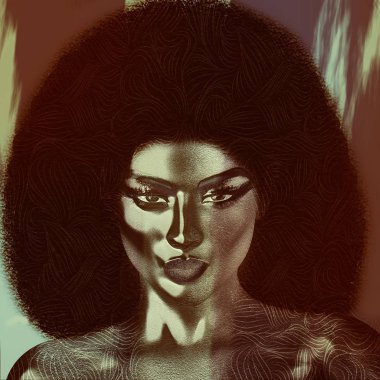 Bir şık, kıvırcık Afro saç modeli giymiş güzel Afrikalı kadın bir çikolata degrade sanat tasarımı. Bizim benzersiz 3d dijital modeli işlenen, sanat moda tasarımları, projeniz için dikkatini.