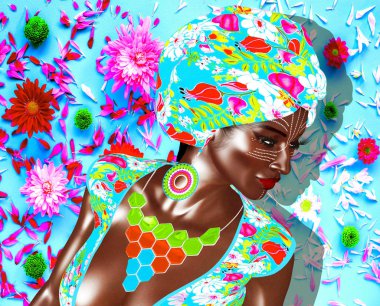 Afrika Kraliçesi, moda güzellik. Bir çarpıcı renkli görüntü makyaj, Aksesuar eşleme ve çiçek bir arka planda giyim ile güzel bir kadın. 3D Dijital sanat işlemek için güzellik, çeşitlilik, gurur ve daha fazla Temalar mükemmel!