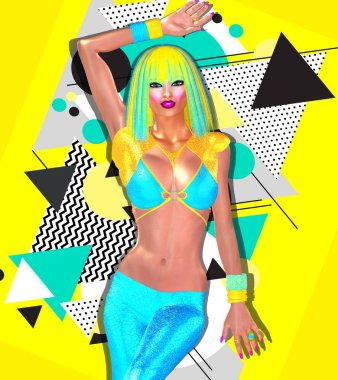Turkuaz ve altın sahne moda. Bir parlak sarı ve turkuaz arka plan bir seksi dantel bluz giyen kadın. Güven, eğlenceli ve dikkat kapma renkleri bizim benzersiz 3d render dijital model sanat moda tasarımı bağırır. 