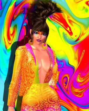 Koyu renkler ile trendy moda giyim ve saç modeli sahne. Seksi bir çiçek üst parlak sarı renkli bir arka plan karşı giyen kadın. Güven, eğlenceli ve dikkat kapma renkleri bizim benzersiz 3d render dijital model sanat moda tasarımı bağırır. 