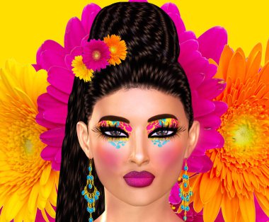 Parlak renkli arka plan karşı cesur renkler ile trendy moda giyim ve saç modeli sahne. Güven, eğlenceli ve dikkat kapma renkleri bizim benzersiz 3d render dijital model sanat moda tasarımı bağırır. 