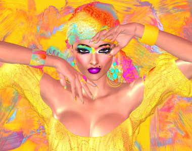 Gökkuşağı renkli başörtüsü sadece doğru miktarda dekolte seksi gösteren bu güzel 3d dijital model süslüyordu. Renkli arka plan göz alıcı pop bu güzellik ve moda tasarımı için ekler..