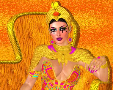 Mısır kraliçesi tahtına oturuyor. Zengin altın ve renkli makyaj bu güzel 3d model onu kız güç, güzellik ve çeşitlilik büyük bir temsil etmek süslüyor.