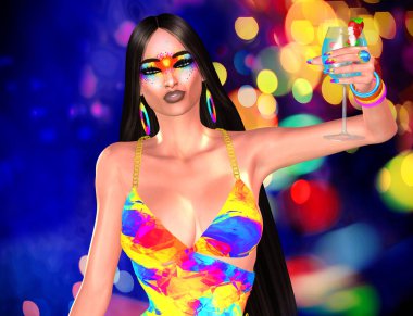 Alkış ve bir tost poz. Disko makyaj bu güzel 3d modelin yüz süslüyordu. Renkli bir eşleşen elbise ve aksesuarlar bu moda kavramı son rötuşları ekleme. 