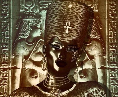 Siyah Mısır Tanrıça Kraliçe. Leopar baskı crown, taş ve hiyeroglif arka plan yapmak uyan ve aksesuarları. Bizim orijinal 3d dijital model sanat oluşturma gösterileri gizem, Güzellik, zenginlik ve güç Mısır render.