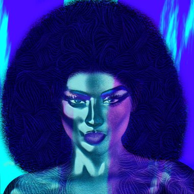 Bir trendy, kıvırcık Afro saç modeli giymiş güzel Afrikalı kadın mavi soyut degrade içinde. Bizim benzersiz 3d dijital modeller işlenir ve sanat moda tasarımları, projeniz için dikkatini.