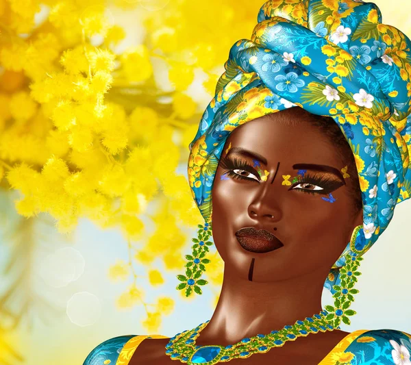 African Queen, Fashion Beauty. A stunning colorful image of a beautiful woman with matching makeup, accessories and clothing against a floral background.  3d digital art render perfect for themes of beauty,diversity,pride and more!