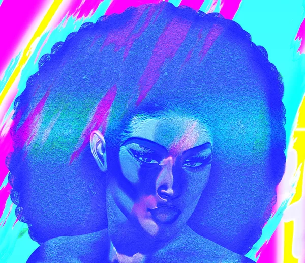美しいアフリカの女性ブルー グラデーション抽象的なアート デザインのトレンディな巻き毛のアフロのヘアスタイルを身に着けています 私たちのユニークな デジタル モデルをレンダリング アート ファッション デザイン プロジェクトで注目を得る — ストック写真