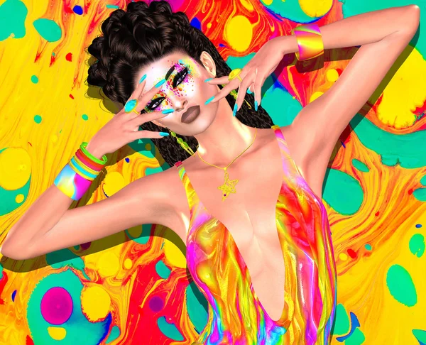 Trendige Mode Kleidung Und Frisur Szene Mit Kräftigen Farben Frau — Stockfoto