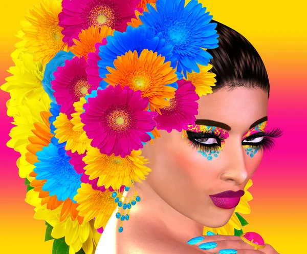 Trendy Fashion Clothing Hairstyle Scene Colorful Flowers Bright Colored Abstract — Stock Photo, Image