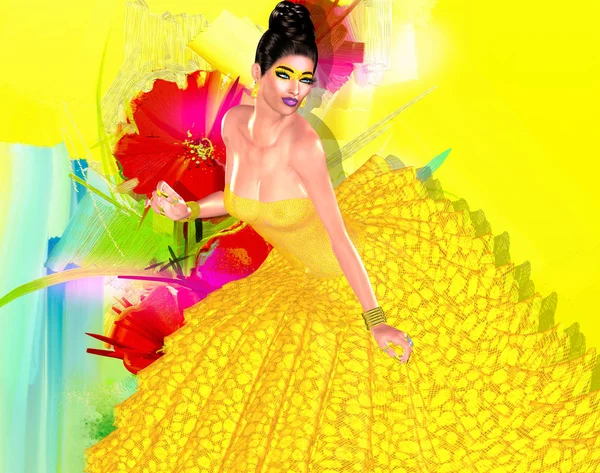 Vestido Amarillo Brillante Fondo Floral Preparan Escenario Para Esta Escena — Foto de Stock