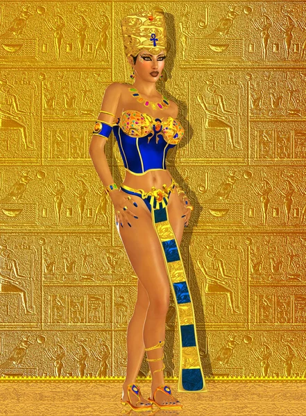Eine Altägyptische Prinzessin Purpur Und Gold Steht Mit Ihren Händen — Stockfoto
