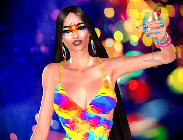 Cheers Toast Pose Disco Makeup Adorns Face Beautiful Model Colorful — Stock Photo, Image