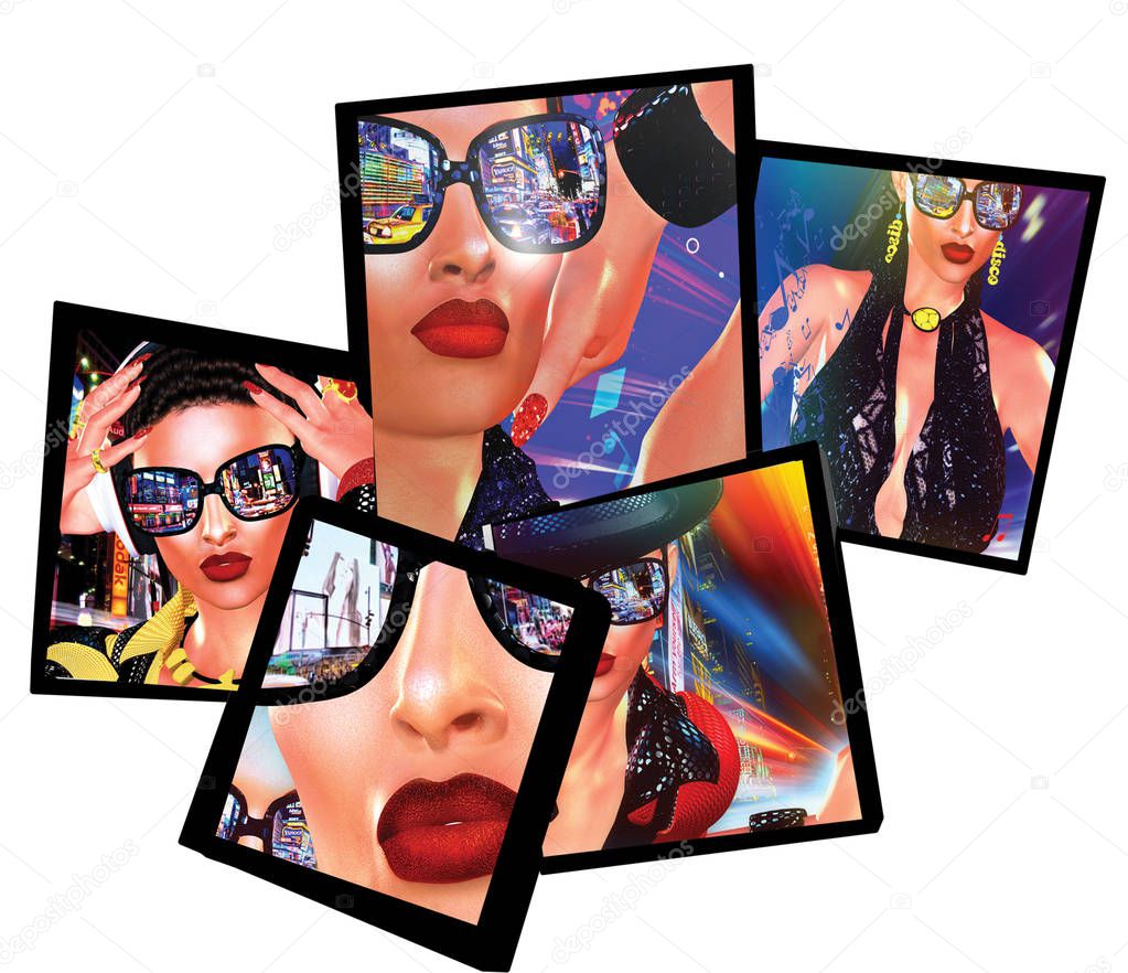 City fashion collage. Nightlife, Close up face of digital art party girl with hat and shades on in a city. 3d render of club girl ready for a night of fun in the city.