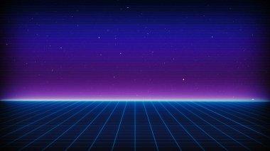 80's. Dijital Siber Yüzey Retro Sci-Fi Arka Plan Fütüristik Izgara manzara. 1980'li yıllarda tasarım için uygundur