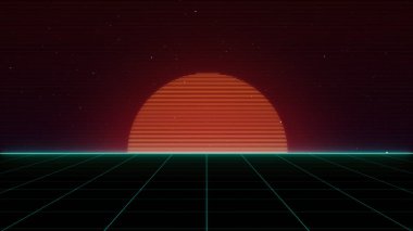 80's. Dijital Siber Yüzey Retro Sci-Fi Arka Plan Fütüristik Izgara manzara. 1980'li yıllarda tasarım için uygundur
