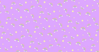 Soyut gökkuşağı ve bulutlar Kawaii duvar kağıdı arka planı. Soyut şirin pastel renkler komik yüzler karikatürü. Çocuklar ve anaokulları veya sunum ve noel günü kavramı