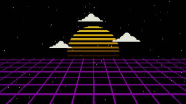 Retro cyberpunk style 80s game scene pixel art 8-bit sci-fi background. Futuristic with laser grid landscape. Digital cyber surface style of the 1980`s. 3D illustration clipart