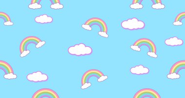 Kusursuz desenli gökkuşağı ve Kawaii duvar kağıdı arka planı. Soyut şirin pastel renkler komik yüzler karikatürü. Çocuklar ve anaokulları veya sunum ve noel günü kavramı