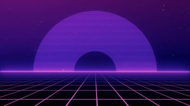 Retro siber punk tarzı 80 'lerin bilim-kurgu arka planı, lazer şebeke manzaralı. 1980 'lerin dijital siber yüzey tarzı. 3B illüstrasyon