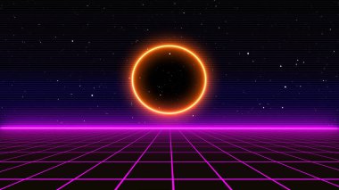 Retro siber punk tarzı 80 'lerin bilim-kurgu arka planı, lazer şebeke manzaralı. 1980 'lerin dijital siber yüzey tarzı. 3B illüstrasyon