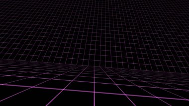 Retro siber punk tarzı 80 'lerin bilim-kurgu arka planı, lazer şebeke manzaralı. 1980 'lerin dijital siber yüzey tarzı. 3B illüstrasyon