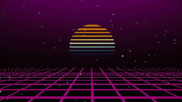 レトロなサイバーパンクスタイルの80年代のゲームシーンピクセルアート8ビットSfの背景 レーザーグリッドの風景と未来派 1980年代のデジタルサイバー表面スタイル 3Dイラスト — ストック写真