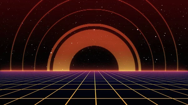 Retro 80S Science Tło Futurystyczny Krajobraz Siatki Cyberpowierzchniowy Styl Lat — Zdjęcie stockowe